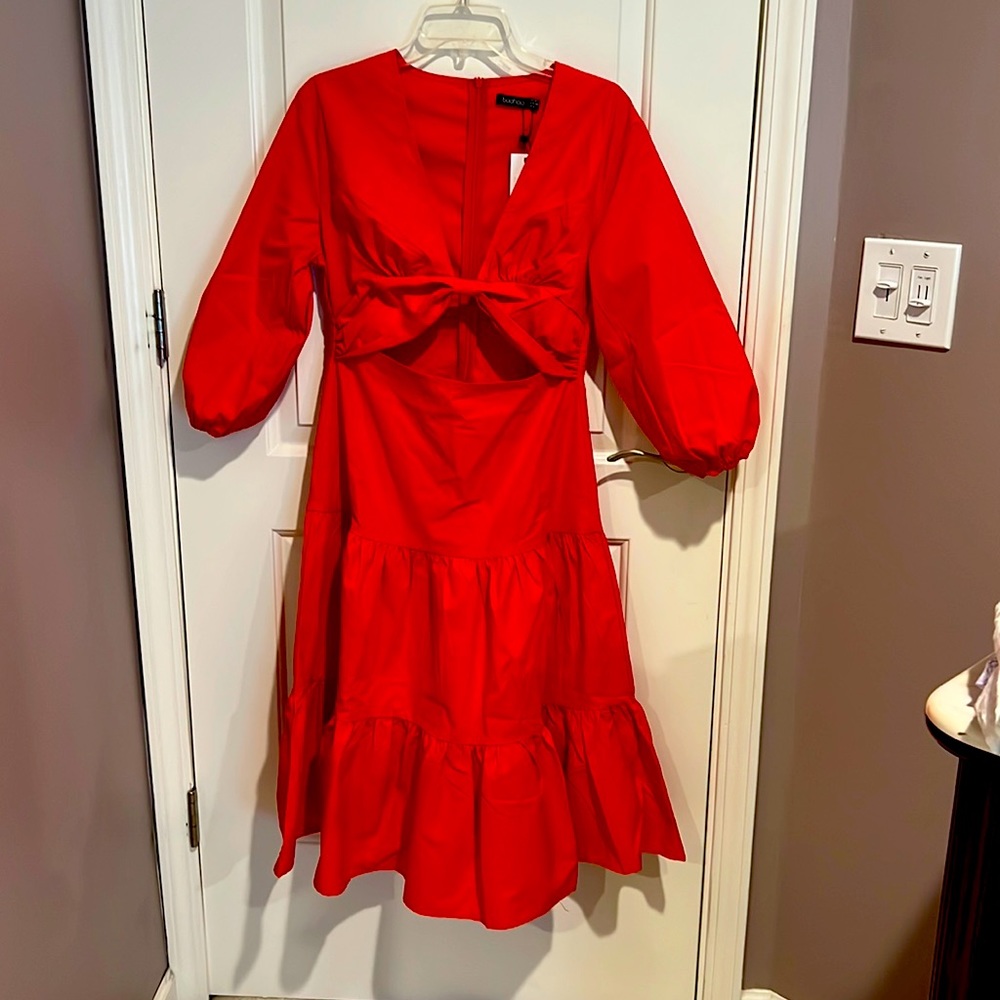 Boohoo cutout tiered midi dress red/orange size US 8 UK 12 NWT